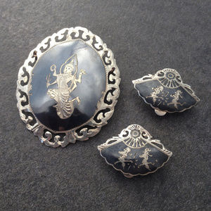 Vintage Siam Niello Sterling Brooch and Earrings